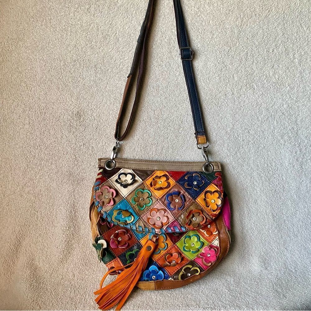 Multi-Color Floral Silver hardware Rhinestone 90'S Crossbody purse rainbow Color